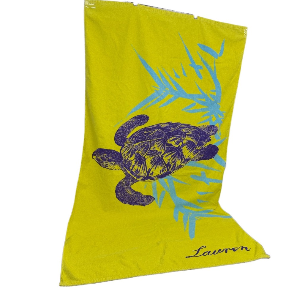 Vtg Lauren Ralph Lauren Beach Towel Yellow Turtle Cotton Purple 34x62